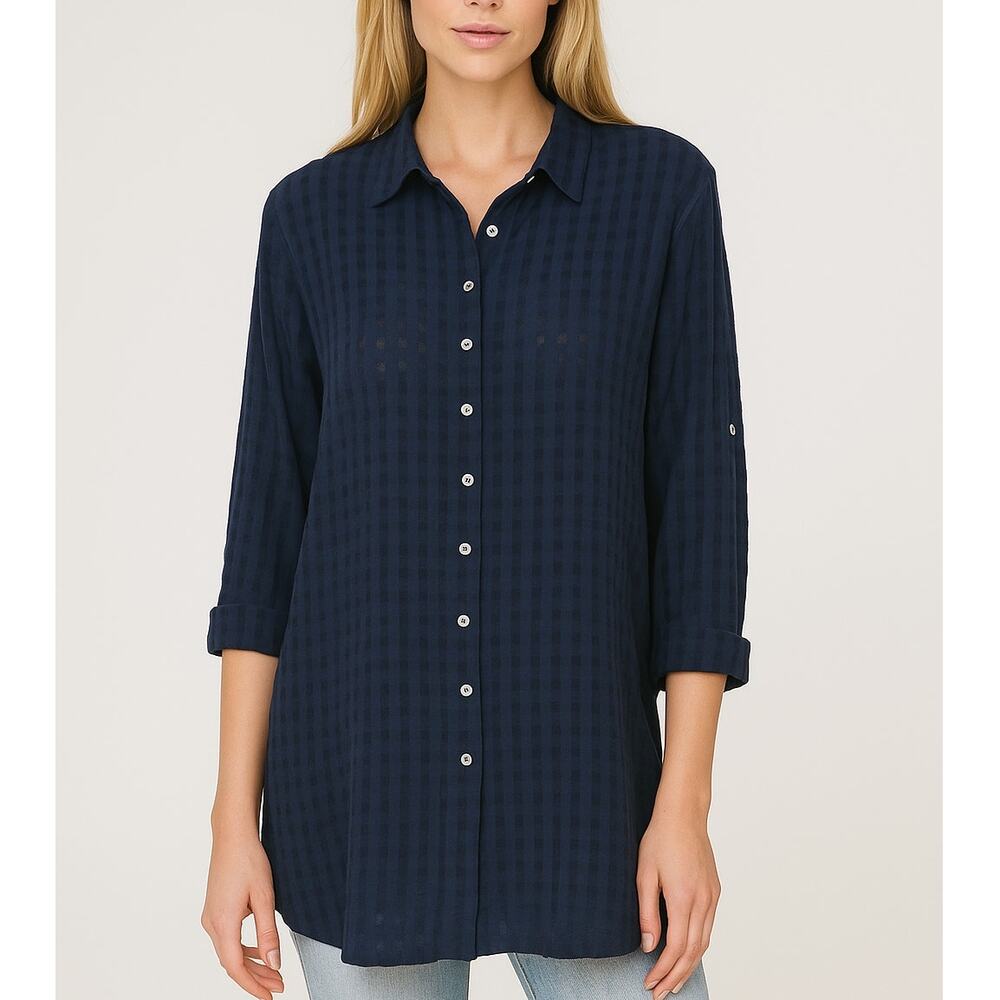 2/$30 J. Jill Check Semi-Sheer Gingham Cotton Shirt Navy Blue Petite Size MP